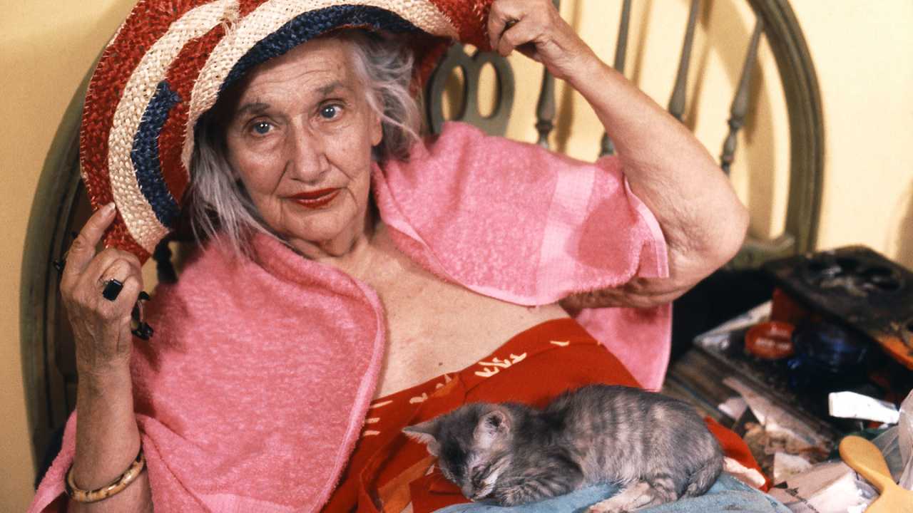 a woman with a striped straw hat and a cat